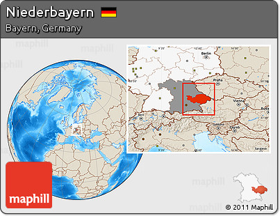 Shaded Relief Location Map of Niederbayern, highlighted country, highlighted parent region