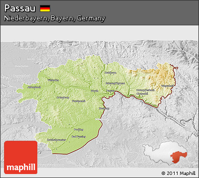 Physical 3D Map of Passau, lighten, desaturated