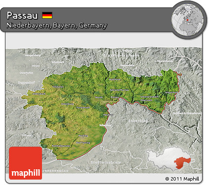 Satellite 3D Map of Passau, lighten, semi-desaturated