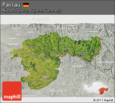 Satellite 3D Map of Passau, lighten, semi-desaturated