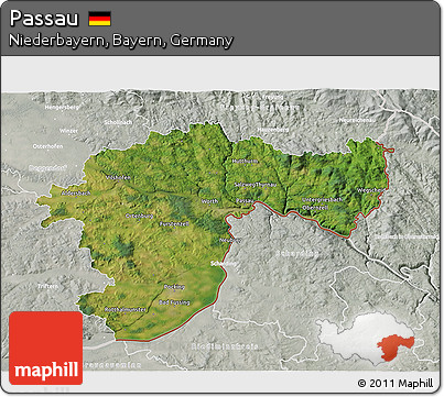 Satellite 3D Map of Passau, lighten, semi-desaturated