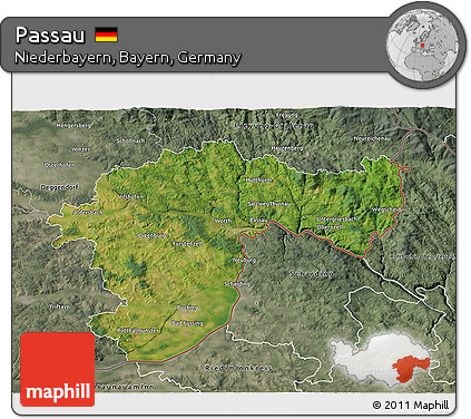 Satellite 3D Map of Passau, semi-desaturated