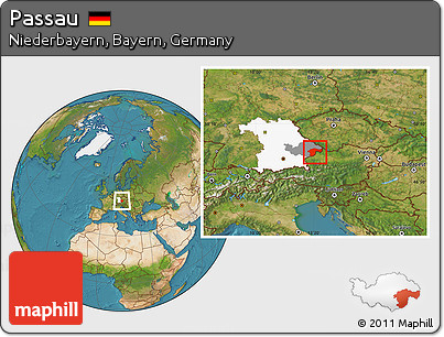 Satellite Location Map of Passau, highlighted parent region, highlighted grandparent region