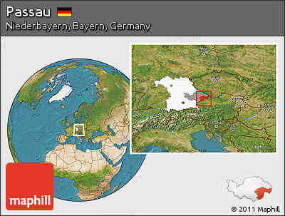 Satellite Location Map of Passau, highlighted parent region, highlighted grandparent region