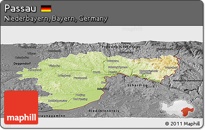 Physical Panoramic Map of Passau, darken, desaturated