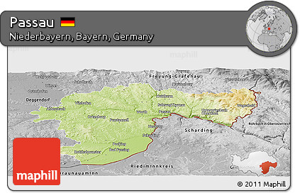 Physical Panoramic Map of Passau, desaturated