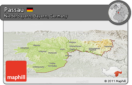 Physical Panoramic Map of Passau, lighten, semi-desaturated