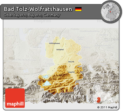 Physical 3D Map of Bad Tölz-Wolfratshausen, lighten, semi-desaturated