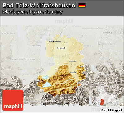 Physical 3D Map of Bad Tölz-Wolfratshausen, lighten, semi-desaturated