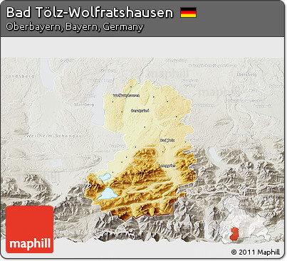 Physical 3D Map of Bad Tölz-Wolfratshausen, lighten, semi-desaturated