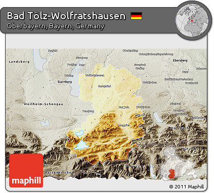 Physical 3D Map of Bad Tölz-Wolfratshausen, semi-desaturated