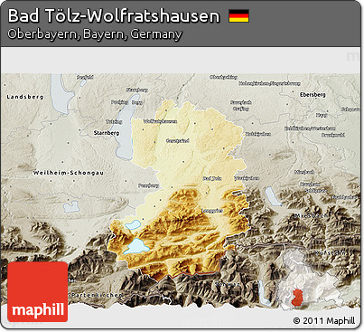 Physical 3D Map of Bad Tölz-Wolfratshausen, semi-desaturated