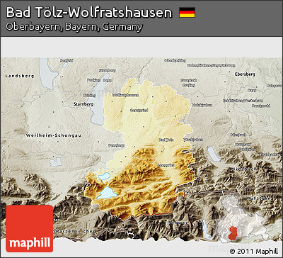 Physical 3D Map of Bad Tölz-Wolfratshausen, semi-desaturated