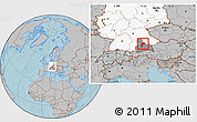 Gray Location Map of Freising, highlighted country, highlighted parent region, hill shading