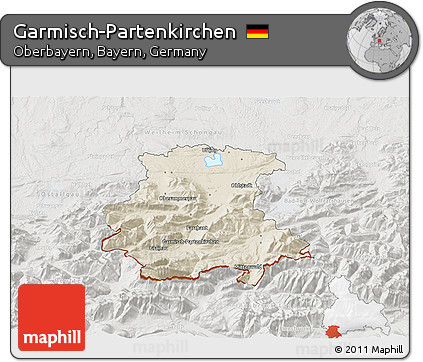Shaded Relief 3D Map of Garmisch-Partenkirchen, lighten, semi-desaturated