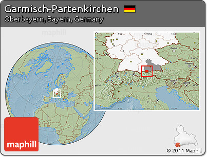 Savanna Style Location Map of Garmisch-Partenkirchen, highlighted country, highlighted parent region, hill shading