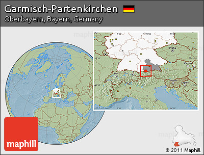 Savanna Style Location Map of Garmisch-Partenkirchen, highlighted country, highlighted parent region, hill shading