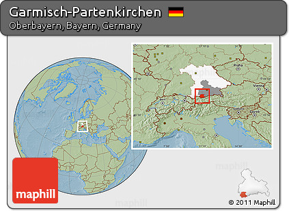 Savanna Style Location Map of Garmisch-Partenkirchen, highlighted parent region, highlighted grandparent region, hill shading