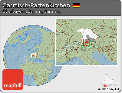 Savanna Style Location Map of Garmisch-Partenkirchen, highlighted parent region, highlighted grandparent region, hill shading