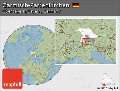 Savanna Style Location Map of Garmisch-Partenkirchen, highlighted parent region, highlighted grandparent region, hill shading