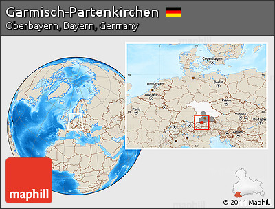 Shaded Relief Location Map of Garmisch-Partenkirchen, highlighted parent region, highlighted grandparent region, within the entire country