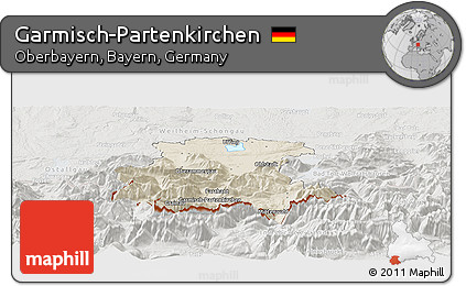 Shaded Relief Panoramic Map of Garmisch-Partenkirchen, lighten, semi-desaturated