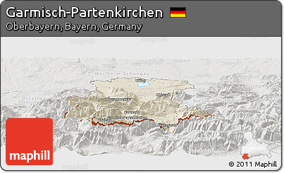 Shaded Relief Panoramic Map of Garmisch-Partenkirchen, lighten, semi-desaturated