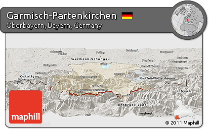 Shaded Relief Panoramic Map of Garmisch-Partenkirchen, semi-desaturated