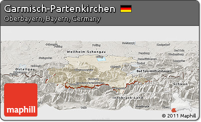 Shaded Relief Panoramic Map of Garmisch-Partenkirchen, semi-desaturated