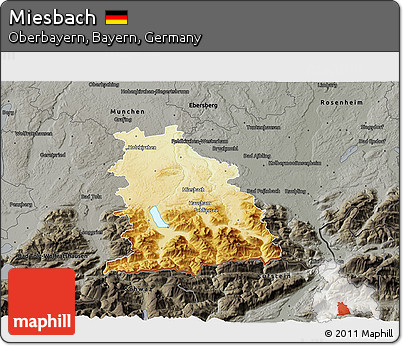 Physical 3D Map of Miesbach, darken, semi-desaturated