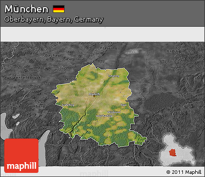 Satellite 3D Map of München, darken, desaturated