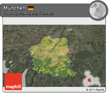 Satellite 3D Map of München, darken, semi-desaturated