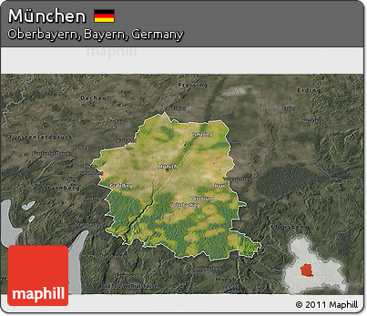 Satellite 3D Map of München, darken, semi-desaturated