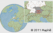 Savanna Style Location Map of München, highlighted country, highlighted grandparent region, hill shading