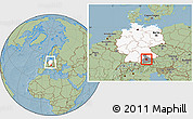 Savanna Style Location Map of München, highlighted country, highlighted parent region, within the entire country, hill shading