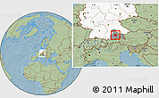 Savanna Style Location Map of München, highlighted country, highlighted parent region, hill shading