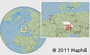 Savanna Style Location Map of München, highlighted parent region, highlighted grandparent region, within the entire country, hill shading