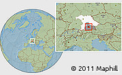 Savanna Style Location Map of München, highlighted parent region, highlighted grandparent region, hill shading