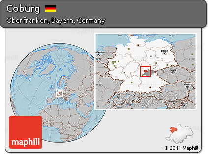 Gray Location Map of Coburg, highlighted country, highlighted parent region, hill shading