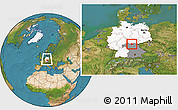 Satellite Location Map of Coburg, highlighted country, highlighted grandparent region, within the entire country