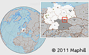 Gray Location Map of Hof, highlighted country, highlighted grandparent region, hill shading