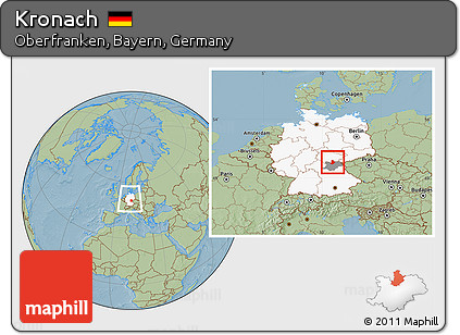 Savanna Style Location Map of Kronach, highlighted country, highlighted parent region, within the entire country, hill shading