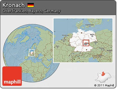 Savanna Style Location Map of Kronach, highlighted country, highlighted parent region, within the entire country, hill shading