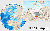 Shaded Relief Location Map of Augsburg, highlighted country, highlighted grandparent region, within the entire country