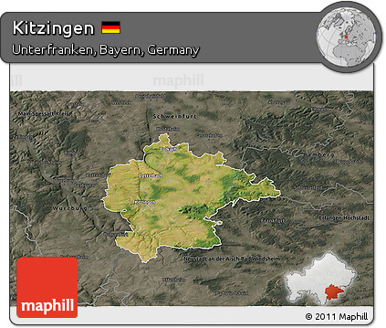 Satellite 3D Map of Kitzingen, darken, semi-desaturated