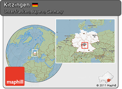Savanna Style Location Map of Kitzingen, highlighted country, highlighted parent region, within the entire country, hill shading