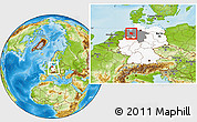 Physical Location Map of Oldenburg, highlighted country, highlighted grandparent region, within the entire country