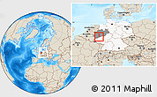 Shaded Relief Location Map of Bonn, highlighted country, highlighted grandparent region, within the entire country