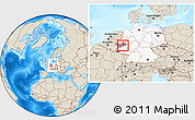 Shaded Relief Location Map of Bonn, highlighted country, highlighted parent region, within the entire country