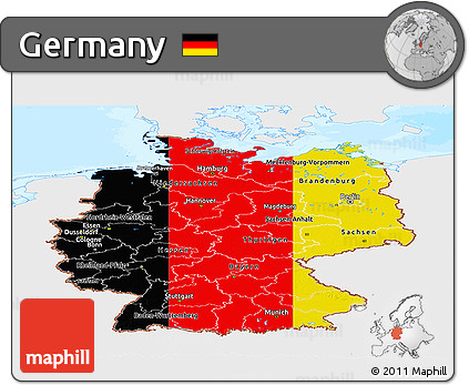 Flag Panoramic Map of Germany, single color outside, bathymetry sea, flag rotated